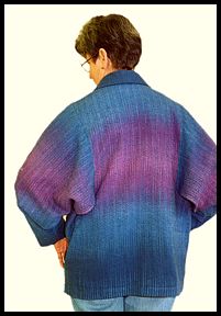 Handwoven with handpainted cotton warp and navy weft. The jacket has kimono style sleeves.